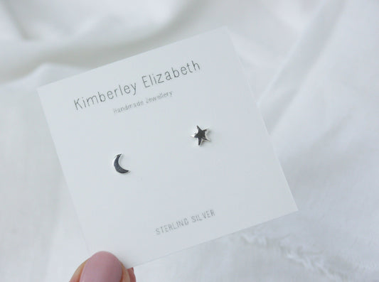 Moon & Star Studs, Sterling Silver